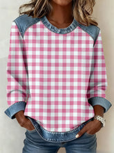 Femmes Simple Plaid Motif Denim Patchwork Sweatshirt
